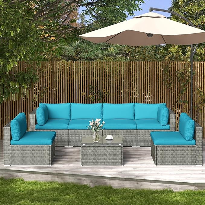 SUNVIVI OUTDOOR 7 Piece Patio Furniture Sets All Weather Grey PE Wicker Couch Sofa with Glass Table, Removable Blue Cushions - LeafyLoom