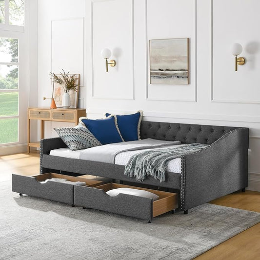 RITSU Full Size Mid-Century Daybed, 2 Storage Drawers,Linen Button Upholstered Tufted Sofa Bed, Copper Nail on Waved Shape Arms, No Box Spring Needed,for Bedroom, Livingroom, 80.50, Dark Grey-2 - LeafyLoom