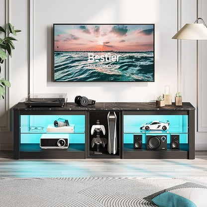 Bestier TV Stand for 70 inch TV, Gaming Entertainment Center for PS5, LED TV Cabinet with Glass Shelves for Living Room, 63'' Inch, Black Marble - LeafyLoom