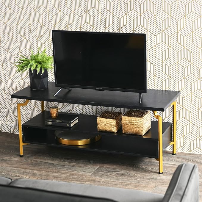 Household Essentials Crown TV Stand with Rectangular Storage Compartment Black Oak Wood Grain and Gold Metal - LeafyLoom