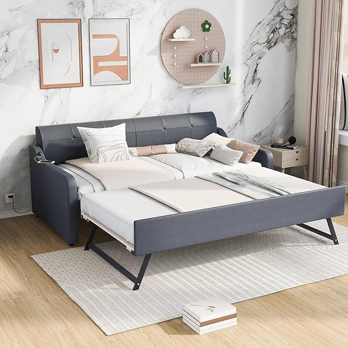 Upholstered Daybed with Pop Up Trundle, Twin Size Daybed with Trundle and USB Charging Ports, for Living Room Bedroom Guest Room, Gray - LeafyLoom