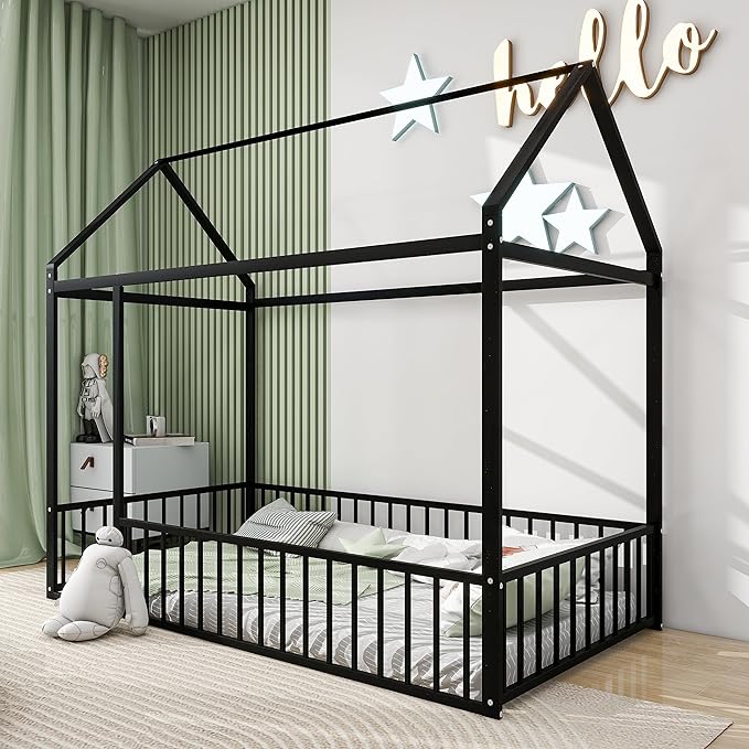 RITSU Twin Size Montessori Floor Bed, Metal House Bedframe with Fence, Robust Construction is Used, for Children'S Rooms, Boys Girls, No Box Spring Needed, Easy Assembly, Black - LeafyLoom