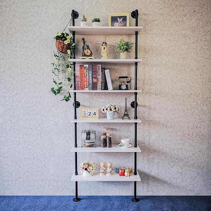 Pipe Shelves, Wall Mounted Wood Metal Industrial Shelves, Ladder Bookshelf for Living Room (White, 10" D x 30" W x 82.5" H) - LeafyLoom