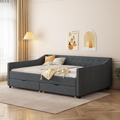 Full Size Daybed with 2 Drawers, Upholstered Tufted Sofa Bed with Button on Back and Piping on Waved Shape Arms for Bedroom, Apartment, Living Room, Wooden Slats Support, Dark Grey - LeafyLoom