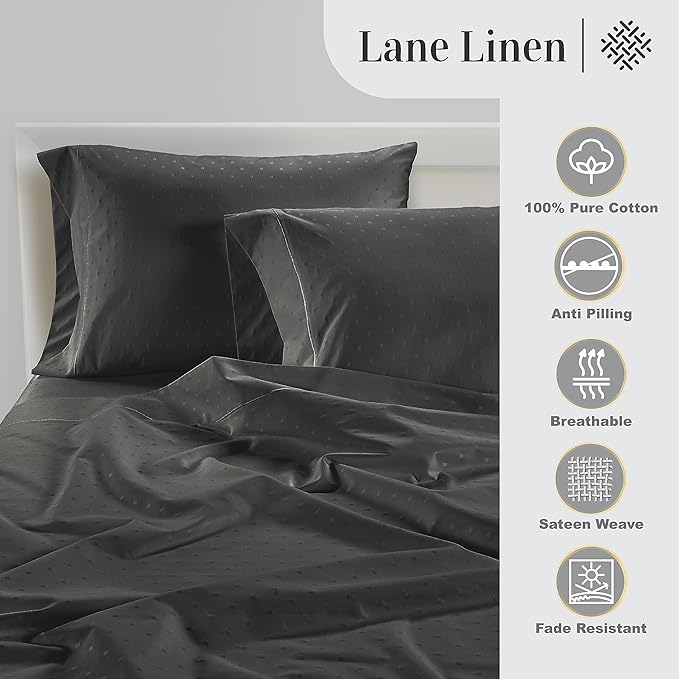 LANE LINEN 100% Egyptian Cotton Bed Sheets - 1000 Thread Count 3PC Twin XL Sheets Set, Bedding Sheets, Sateen Weave, Luxury Hotel Sheets, Fits Upto 16" Mattress, Swiss Dot - Charcoal - LeafyLoom