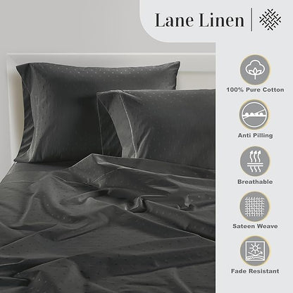 LANE LINEN 100% Egyptian Cotton Bed Sheets - 1000 Thread Count 3PC Twin Sheets Set, Long Staple Cotton Bedding Sheets, Sateen Weave, Luxury Hotel Sheets, Fits Upto 16" Mattress, Swiss Dot - Charcoal - LeafyLoom