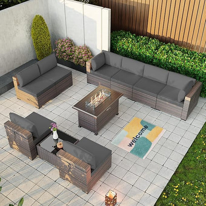 Kullavik 10 Pieces Outdoor Patio Furniture Set with 43" Gas Propane Fire Pit Table PE Wicker Rattan Sectional Sofa Patio Conversation Sets,Grey - LeafyLoom