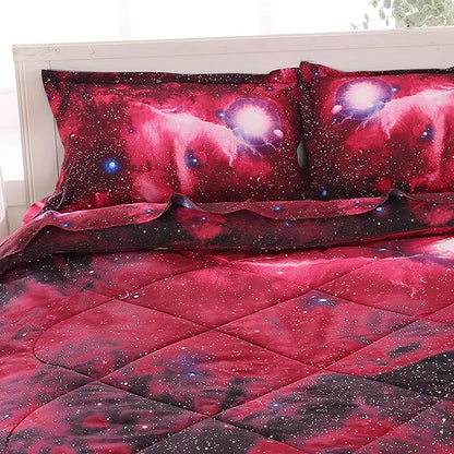 Wowelife Galaxy Bedding Sets for Boys and Girls 5-Piece Full, Premium Galaxy Bed in a Bag Red, 3D Galaxy Comforter Set, Comfortable and Soft Kids Bedding Set - LeafyLoom