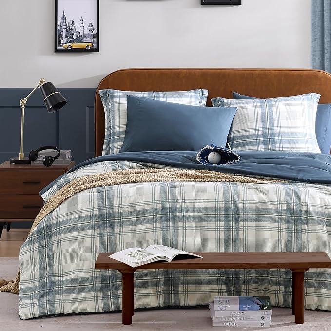 Blue King Size Comforter Set, Plaid King Bed Sets for Boys & Girls,Classic Homestead-Style King Sized Comforter Bedding Set with Sheets and Comforter Sets - LeafyLoom