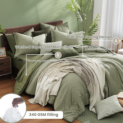 Monbix Full Size Comforter Set, Sage Green Bedding Comforter for Full Size Bed Set Reversible, Bedding Sets Full 7 Pieces, Cationic Dyeing Bed in a Bag with Comforter, Sheets, Pillowcases & Shams - LeafyLoom