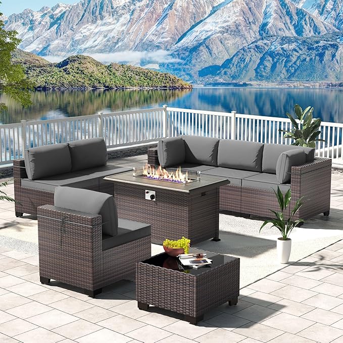 Kullavik 8 Pieces Outdoor Patio Furniture Set with 43" Gas Propane Fire Pit Table PE Wicker Rattan Sectional Sofa Patio Conversation Sets,Grey - LeafyLoom