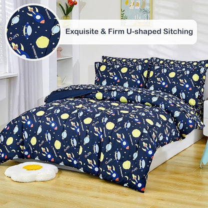 Mooreeke Bed in a Bag for Kids Boys Teens, 5 Pieces Twin Size Comforter Bed Set with Shams, Sheet Set, Space Planet Blue Black Super Soft Microfiber Kids Comforter Bedding Set - LeafyLoom