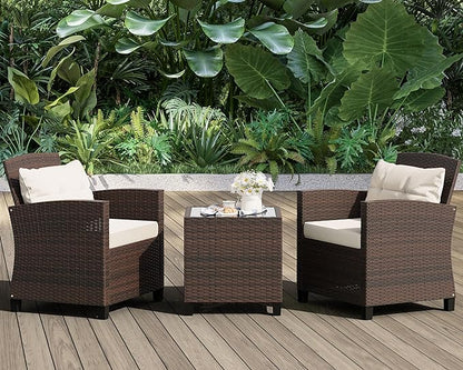 Shintenchi 3 Pieces Patio Furniture Set 3 Pieces PE Rattan Wicker Chairs with Table Outdoor Furniture for Backyard/Garden/Poolside/Outdoor Restaurant Brown Rattan with White Cushion - LeafyLoom