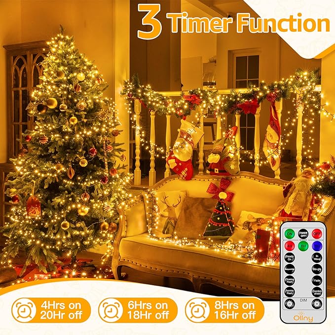 Ollny Cluster Lights Christmas 1000LED 49FT, Warm White Christmas Tree Lights 8 Modes Timer Remote, Waterproof String Lights for Outdoor Indoor Outside Garland Xmas Decorations Ollny