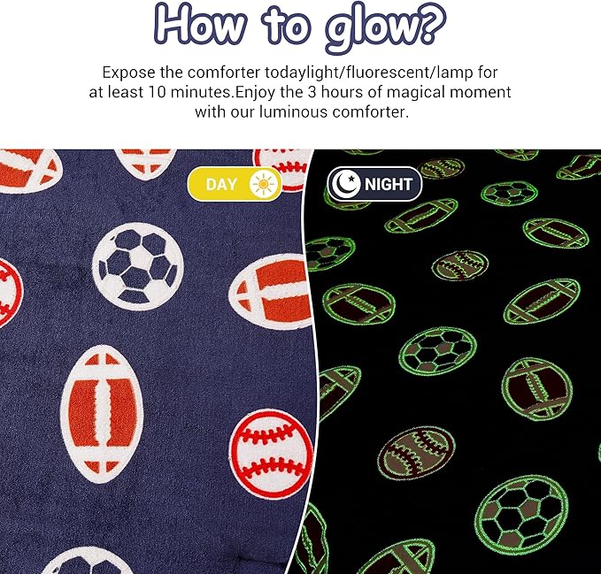 Mooreeke Glow in The Dark Full Plush Fleece Comforter Bed Set, Soft & Warm 3 Piece Bed in A Bag with Sham, Velour Velvet Football Basketball Soccer Rugby Boys Kids Bedding Set, Fluffy Fuzzy Polar Cozy - LeafyLoom