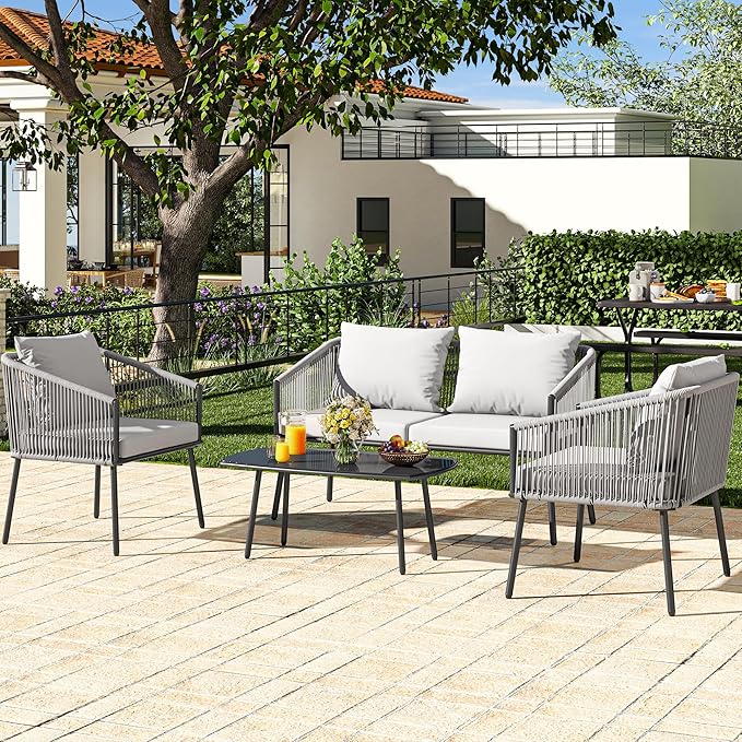 YITAHOME 4-Piece Patio Furniture Outdoor Bistro Set, All Weather Double Gray Rope Conversation Loveseat for Backyard, Balcony, Deck with Soft Cushions and Metal Table (Gray) - LeafyLoom