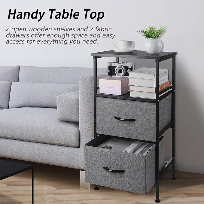 Nightstand with Fabric Drawers, Side Table with Open Wood Shelf for Bedroom, Small Dresser with Storage Drawers, End Table for Living Room, mesa de Noche para dormitorio, Gray - LeafyLoom