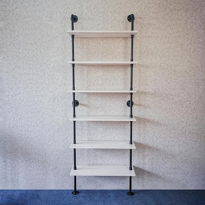 Pipe Shelves, Wall Mounted Wood Metal Industrial Shelves, Ladder Bookshelf for Living Room (White, 10" D x 30" W x 82.5" H) - LeafyLoom