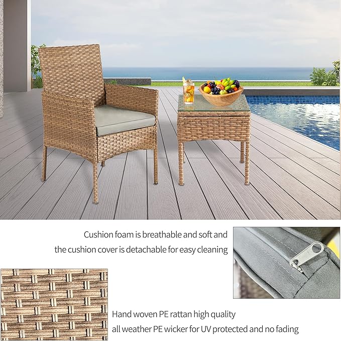 3 Pieces Patio Set Balcony Furniture Sets for Apartments.Bistro Furniture Set, Conversation Sets with Coffee Table, for Porch, Patio, Garden and Removable Cushions Grey - LeafyLoom