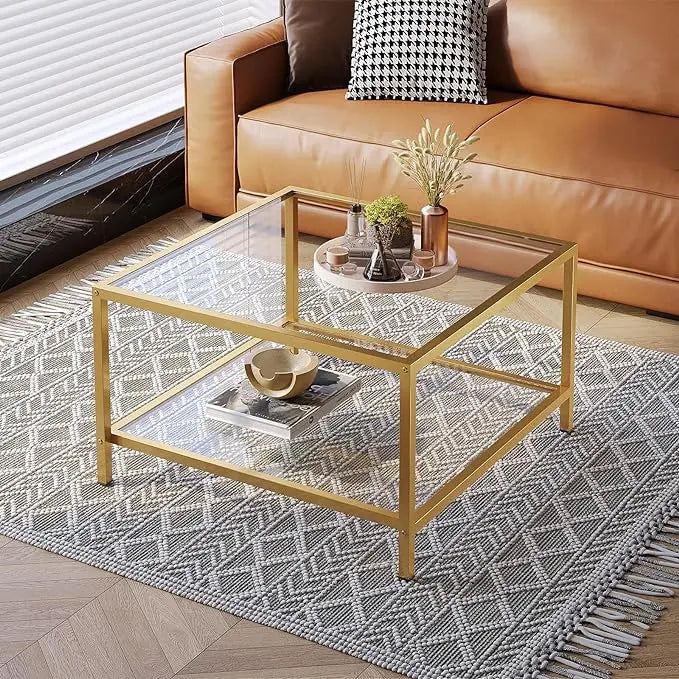 SAYGOER Glass Coffee Table with Storage 2-Tier Square Glass Center Table for Living Room Home Office with Gold Metal Frame Modern Table for Small Spaces - LeafyLoom