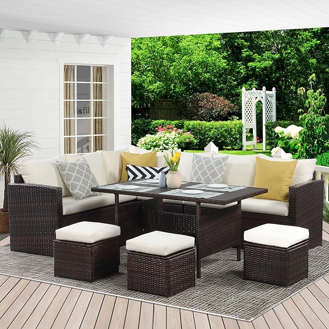 Wisteria Lane Patio Furniture Set, 7 Piece Outdoor Dining Sectional Sofa with Dining Table and Chair, All Weather Wicker Conversation Set with Ottoman, Ivory - LeafyLoom