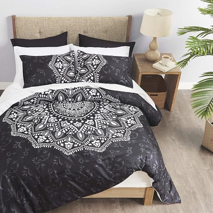 Comfort Spaces Bed in A Bag - Trendy Casual Design Cozy Comforter with Complete Sheet Set with Side Pocket, All Season Cover, Matching Shams, Queen(90"x90"), Ava Medallion Black 9 Piece - LeafyLoom