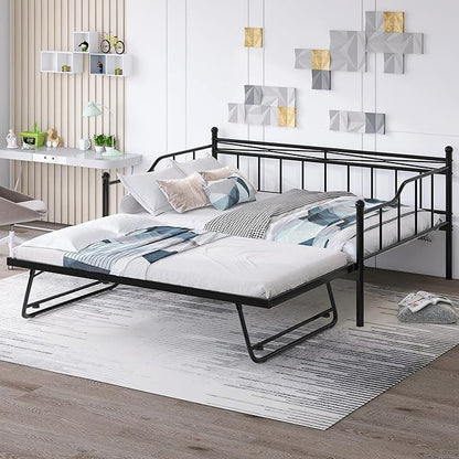 Full Daybed with Trundle Bed Twin, Metal Day Bed Frame with Pop Up Trundle, Metal Sofa Bed with Portable Folding Trundle for Bedroom, Living Room, Guest Room, Home, No Box Spring Needed, Black - LeafyLoom