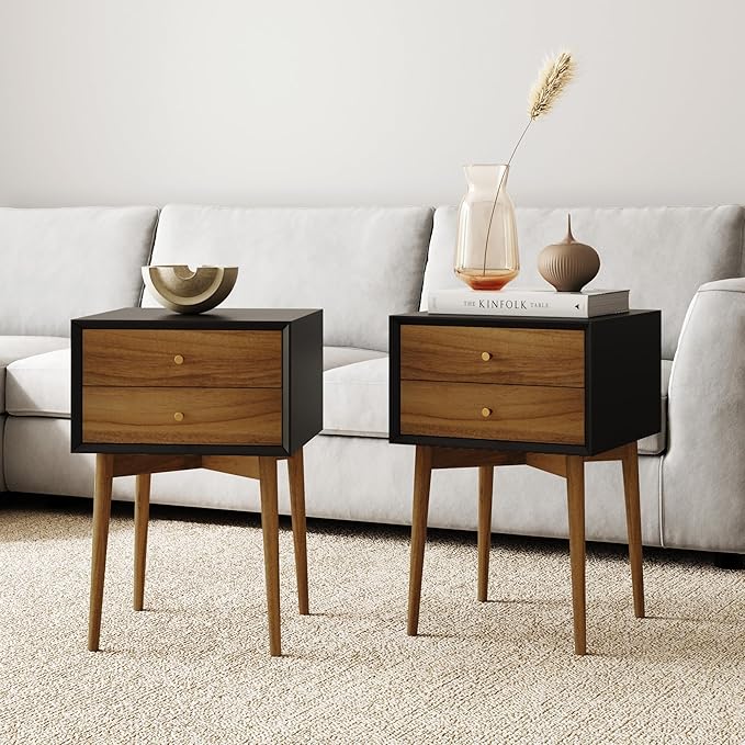 Nathan James Harper Modern Nightstand Side Accent or End Table with Storage Drawer, Set of 2, Black/Brown - LeafyLoom