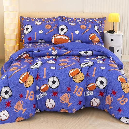 Mooreeke Bed in a Bag for Kids Boys Teens, 8 Pieces Full Size Comforter Bed Set with Shams, Sheet Set and Decorative Toy Pillow, Balls Blue Super Soft Microfiber Kids Comforter Bedding Set - LeafyLoom