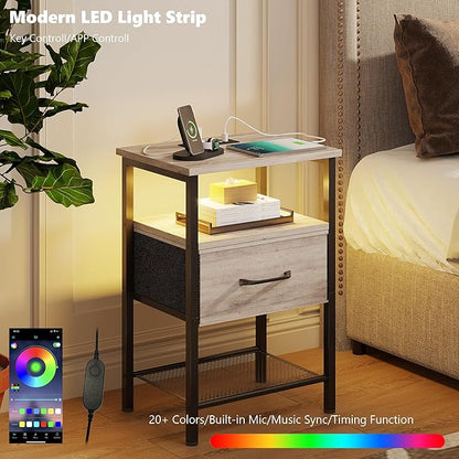 Night Stand Set 2, End Table with Charging Station, LED Bedside Table with Fabric Drawer for Bedroom, 3-Tier Side Table with Open Shelf, Greige - LeafyLoom