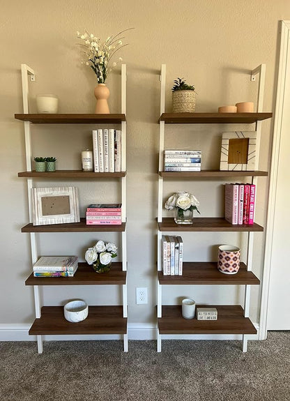 Nathan James Theo 5-Shelf Wood Modern Bookcase, Open Wall Mount Ladder Bookshelf with Industrial Metal Frame, Light Brown Oak/White - LeafyLoom