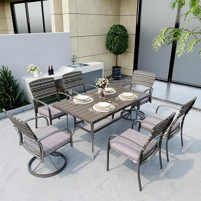 Pamapic 7 Piece Patio Dining Set for 6,Wicker Outdoor Furniture Set for Backyard Garden Deck Poolside with Iron Slats Table Top,4 Dining Chairs and 2 Swivel Rockers,Removable Cushions(Gray) - LeafyLoom