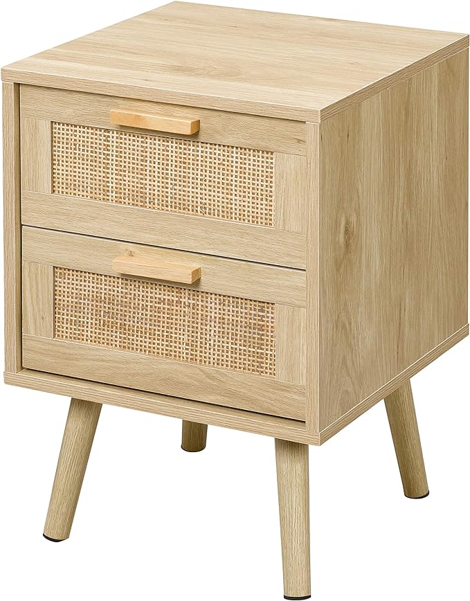 Finnhomy Nightstand, End Table, Side Table with 2 Hand Made Rattan Decorated Drawers, Wood Accent Table with Storage for Bedroom, Natural (Patented) - LeafyLoom