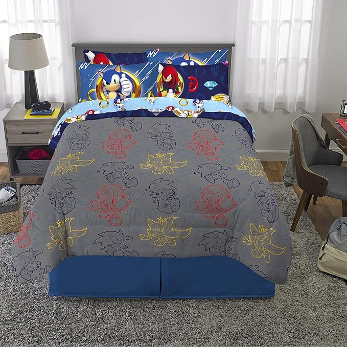 Franco Kids Bedding Super Soft Comforter and Sheet Set with Sham, 7 Piece Full Size, Sonic The Hedgehog - LeafyLoom