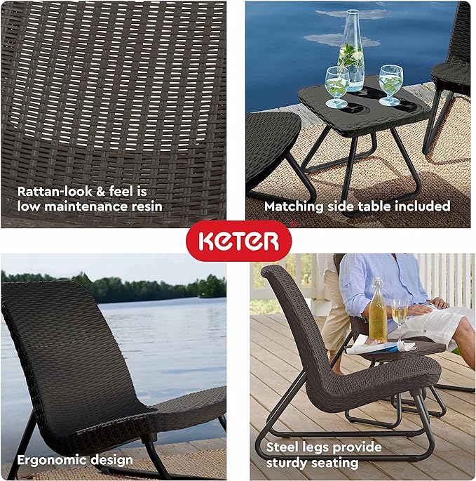 Keter Rio 3 Piece Resin Wicker Patio Furniture Set with Side Table and Outdoor Chairs, Dark Grey - LeafyLoom