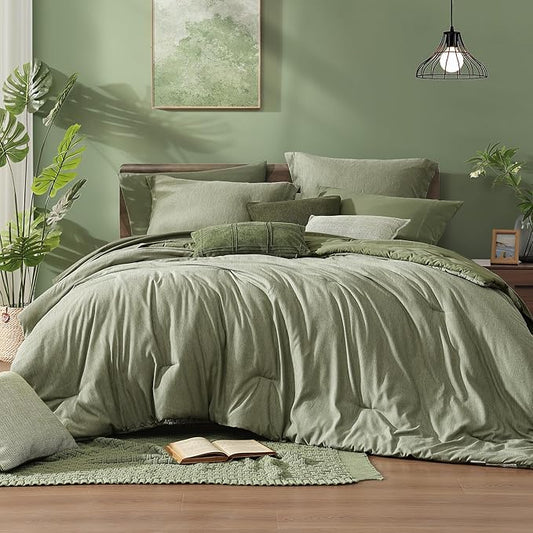 Monbix Full Size Comforter Set, Sage Green Bedding Comforter for Full Size Bed Set Reversible, Bedding Sets Full 7 Pieces, Cationic Dyeing Bed in a Bag with Comforter, Sheets, Pillowcases & Shams - LeafyLoom