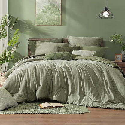 Monbix King Size Comforter Set, Sage Green King Size Bed Set Reversible, King Size Comforter Set 7 Pieces, Cationic Dyeing Bed in a Bag with Comforter, Sheets, Pillowcases & Shams - LeafyLoom