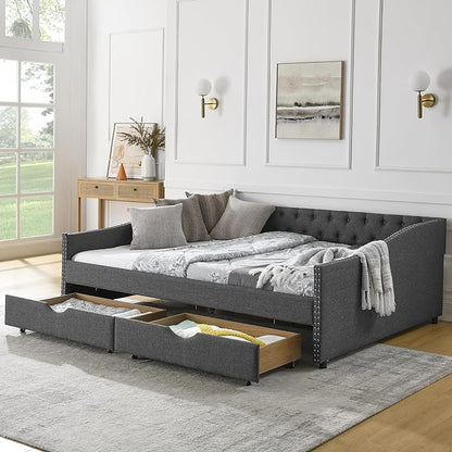 Queen Size Daybed with Two Storage Drawers, Linen Upholstered Tufted Sofa Bed w/Button on Back and Copper Nail on Waved Shape Arms, for Bedroom Living Room, No Box Spring Needed, Dark Grey - LeafyLoom