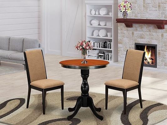 East West Furniture ESLA3-BCH-47 Eden 3 Piece Modern Dining Set Contains a Round Wooden Table with Pedestal and 2 Light Sable Linen Fabric Upholstered Chairs, 30x30 Inch, Black & Cherry - LeafyLoom