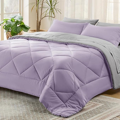 Bedsure Light Purple Twin Comforter Set - 5 Pieces Reversible Twin Bed in a Bag, Extra Long Twin Bed Set Light Purple and Grey with Comforters, Sheets, Pillowcase & Sham - LeafyLoom