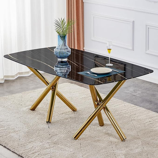 NicBex Large Modern Minimalist Rectangular Dining Table with 0.39 "Imitation Marble Black Desktop and Gold Metal Legs for Kitchen Dining Living Meeting Room Banquet Halls, Black - LeafyLoom