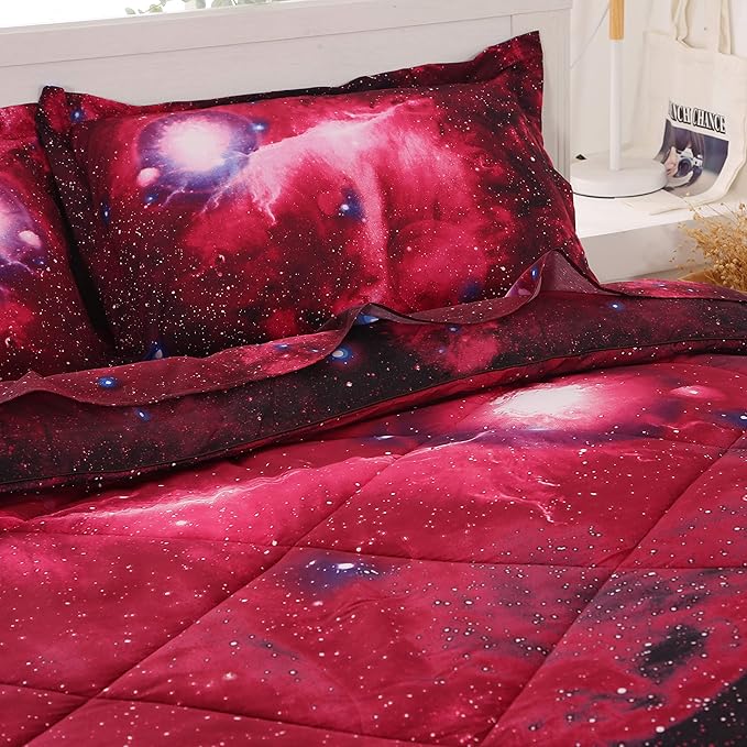 Wowelife 5-Piece Twin Comforter Set for Boys Space, Premium Galaxy Bedding Set Red, 3D Galaxy Comforter Set, Comfortable and Soft Kids Bedding Set - LeafyLoom