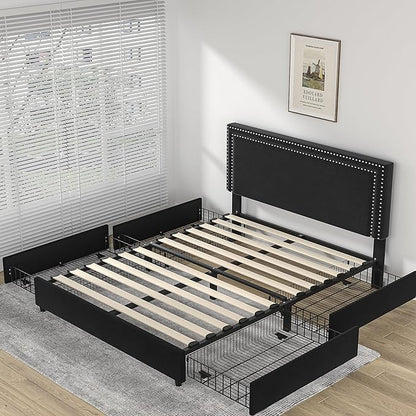 VECELO Full Size Upholstered Platform Bed Frame with 4 Storage Drawers, Adjustable Velvet Rivets Headboard, Wooden Slats Support, No Box Spring Needed, Easy Assembly - LeafyLoom