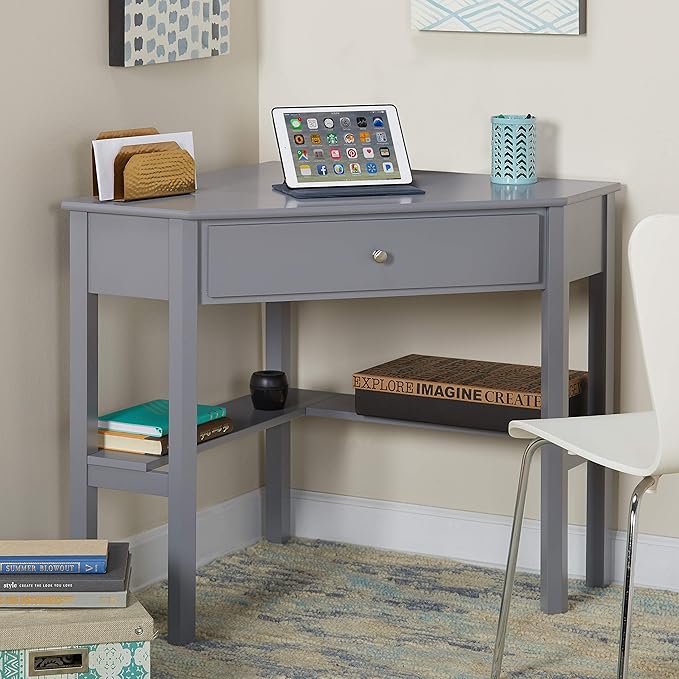 Target Marketing Systems Ellen Corner Desk Drawer and One Storage Shelf for Living Room, Bedroom, or Home Office, Small Computer Table, 42" W x 30" H, Anchor Gray - LeafyLoom