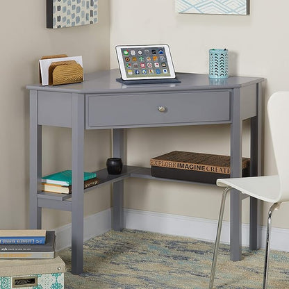 Target Marketing Systems Ellen Corner Desk Drawer and One Storage Shelf for Living Room, Bedroom, or Home Office, Small Computer Table, 42" W x 30" H, Anchor Gray - LeafyLoom