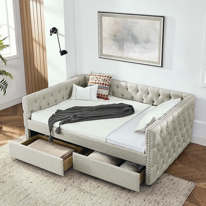 RITSU Full Size Upholstered Daybed, Pull Out with Two Storage Drawers, Solid Wood Frame Sofa Bed, Tufted Buttons and Copper Nails On Square Arms, for Bedrooms, Apartments, 82.75, Beige-2 - LeafyLoom