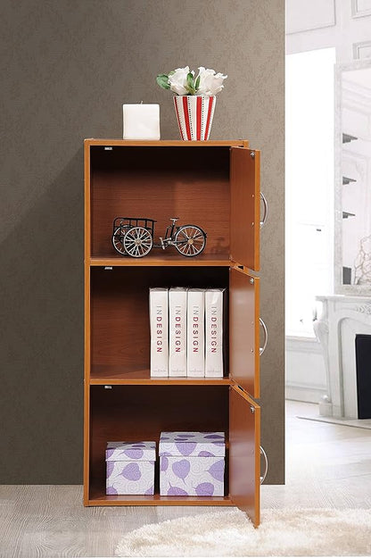 HODEDAH 3 Door Bookcase Cabinet, Cherry - LeafyLoom