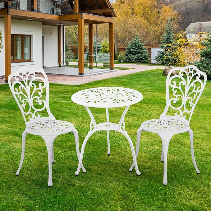 3 Piece Patio Set Outdoor Cast Aluminum Patio Bistro Table and Chairs Set of 2,All Weather Outdoor Bistro Sets with 1.97" Umbrella Hole for Front Porch Set,Garden(White) - LeafyLoom