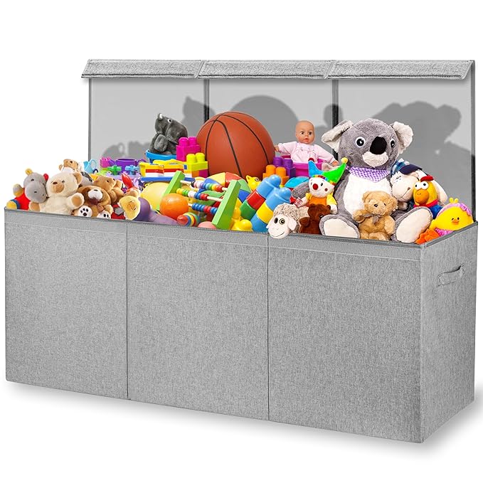 Kids Toy Chest for Boys & Girls - Stylish Versatile Stuffed Animal Holder & Toddlers Toy Organizer Makes Play Room Organization Easy - Made with Strong PP Board - Gray bin with Cationic Fabric - LeafyLoom