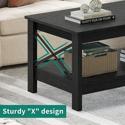 YITAHOME Coffee Table for Living Room,Modern Farmhouse Coffee Table with Storage,2-Tier Center Table for Living Room Wood Living Room Table Accent Cocktail with Sturdy Frame,Black - LeafyLoom